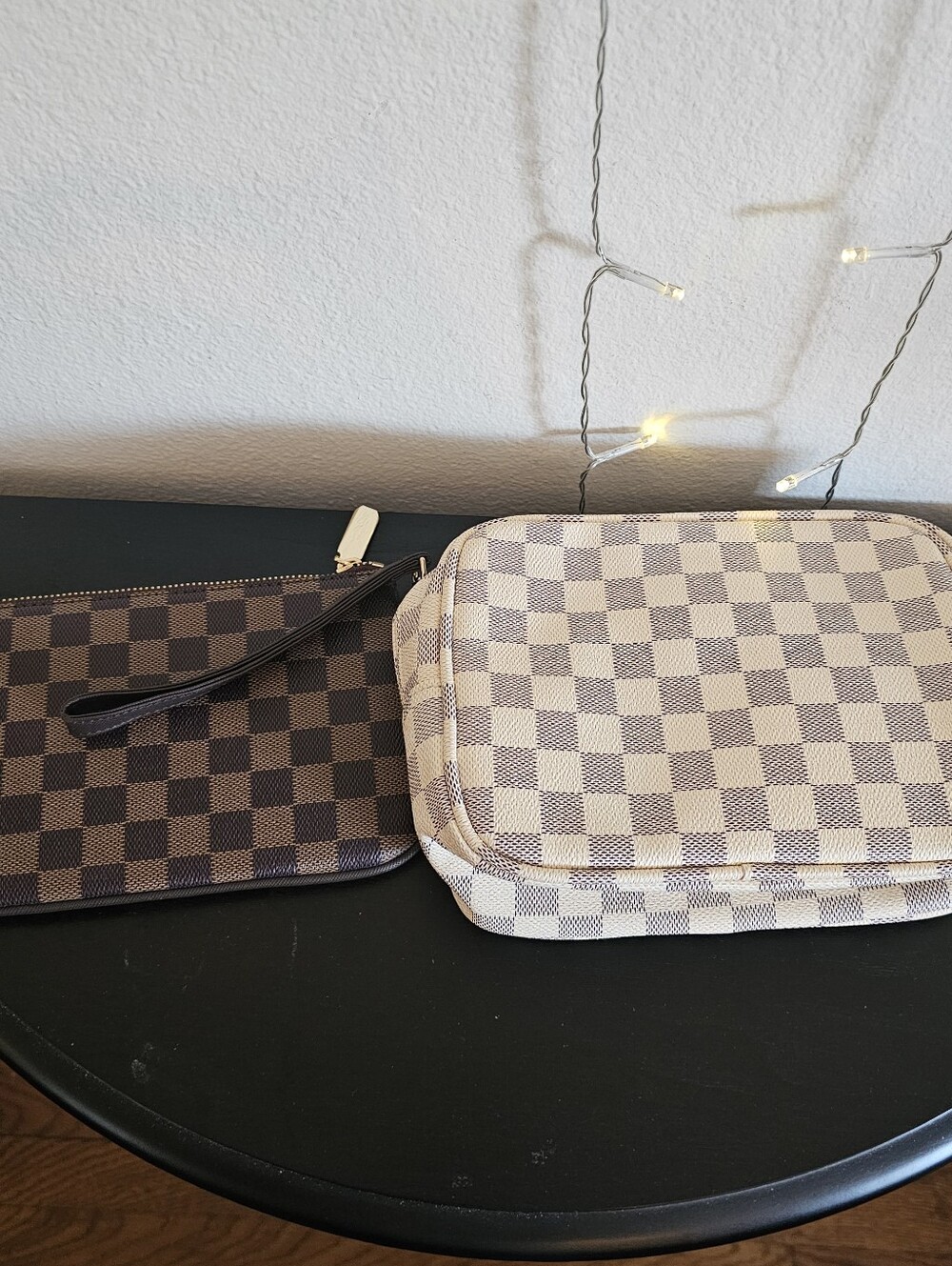 Daisy Rose brown checkered wristlet and beige checkered toileties bag set